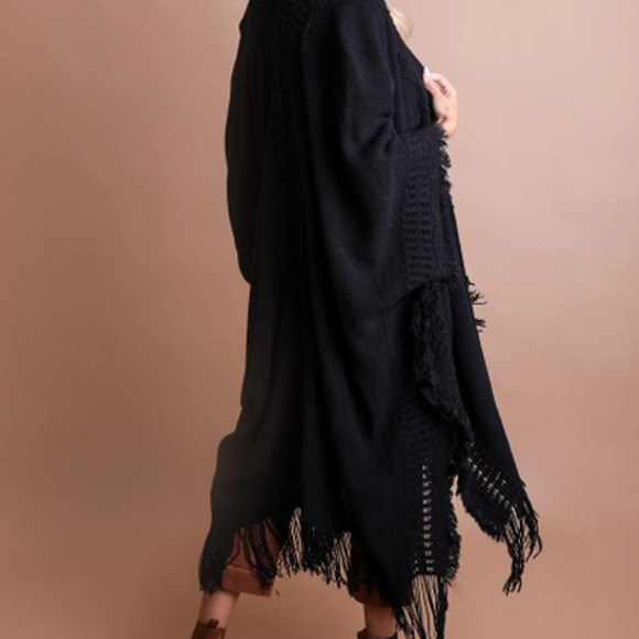 Black Open Work Frayed Border Bohemian Ruana Wrap Shawl - Picture 2 of 3